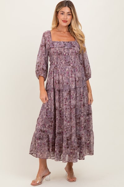 PinkBlush Lavender Floral Square Neck Ruffle Maternity Midi Dress