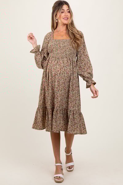 PinkBlush Olive Floral Smocked Velvet Back Tie Maternity Midi Dress