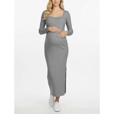 Target Women's Square Neck Rib Knit Long Sleeve Bodycon Maxi Dress - Heather Grey - Size: Medium - Motherhood Maternity