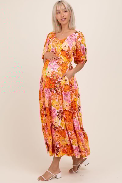 PinkBlush Orange Floral Tiered Puff Sleeve Maternity Midi Dress