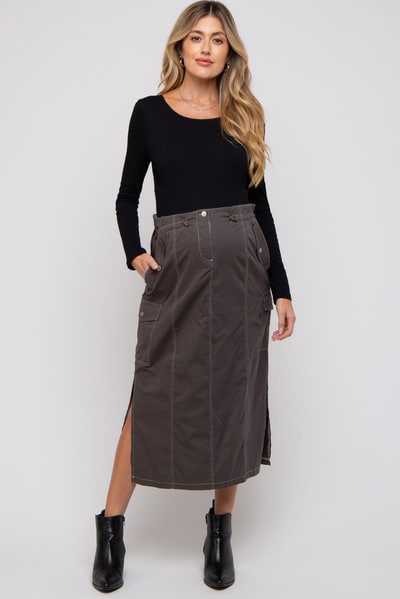 PinkBlush Charcoal Cargo Cinched Maternity Midi Skirt