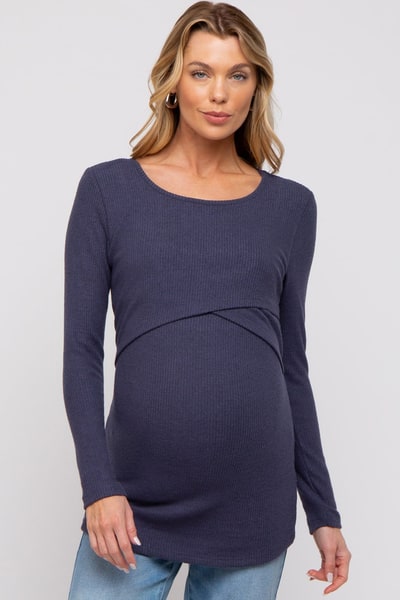 PinkBlush Navy Ribbed Crossover Maternity/Nursing Top