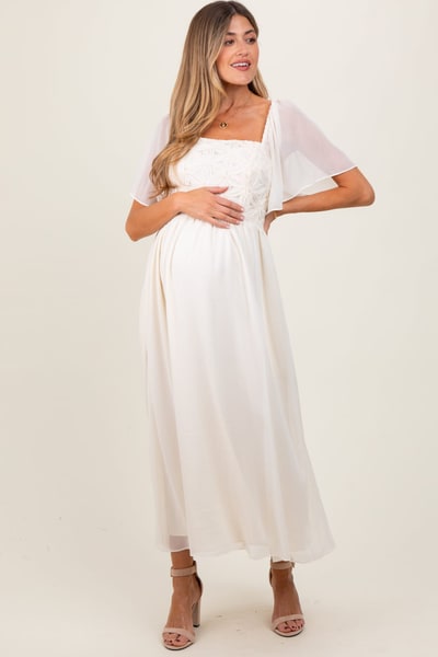 PinkBlush Cream Floral Applique Flutter Sleeved Maternity Midi Dress