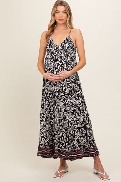 PinkBlush Black Floral Sleeveless Back Tie Maternity Maxi Dress