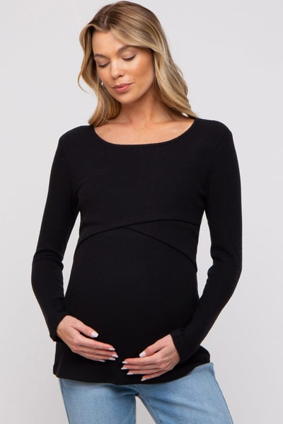 PinkBlush Black Ribbed Crossover Maternity/Nursing Top