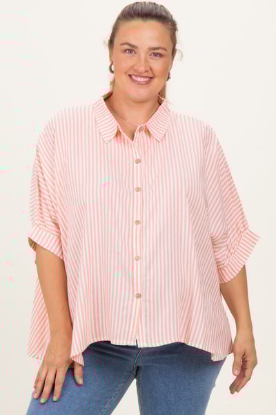 PinkBlush Coral Striped Button Up Short Dolman Sleeve Maternity Plus Top