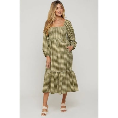 Target Pinkblush Olive Gingham Long Sleeve Maternity Midi Dress Medium