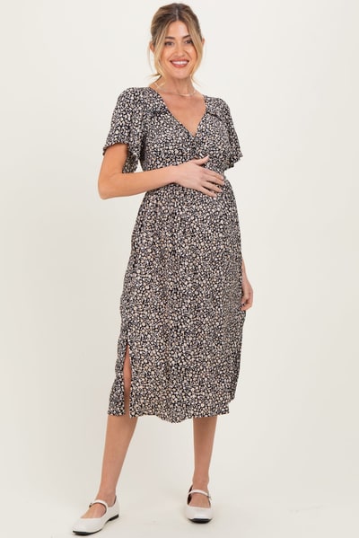 PinkBlush Black Floral Twist Front Cut Out Maternity Midi Dress