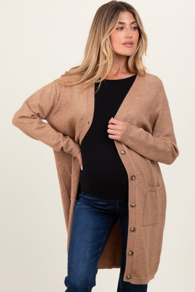 PinkBlush Camel Button Down V-Neck Long Maternity Cardigan
