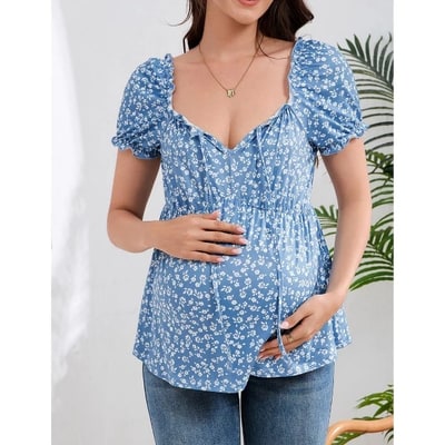 Target Maternity Short Puff Sleeve Blouse Summer Ruffle Trim Tied Square Neck Pregnancy Top Blue Floral L