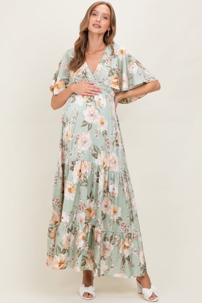 PinkBlush Sage Floral Print Elbow Sleeve V-Neck Tiered Maternity Maxi Dress