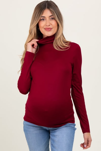 PinkBlush Burgundy Brushed Knit Basic Turtleneck Maternity Top
