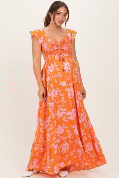 PinkBlush Orange Floral Smocked Cinched Top Maternity Maxi Dress