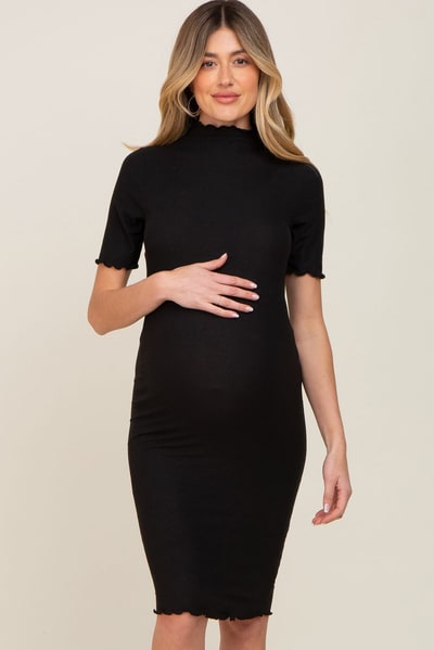 PinkBlush Black Ribbed Mock Neck Fitted Maternity Midi Dress