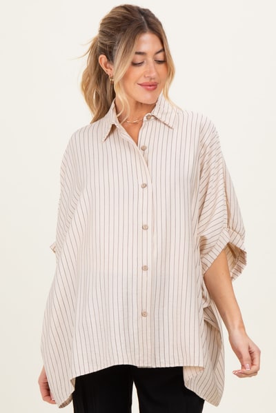 PinkBlush Cream/Black Striped Short Sleeve Collared Button Down Maternity Blouse
