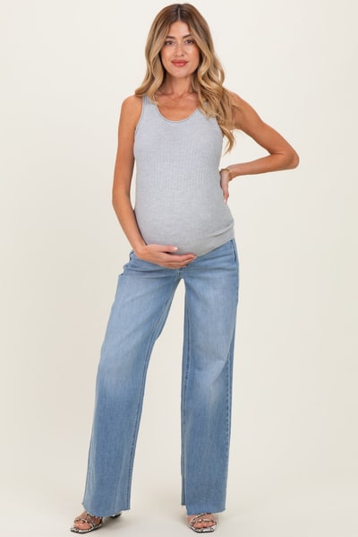 PinkBlush Blue Raw Hem Wide Leg Maternity Jeans