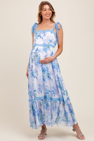 PinkBlush Blue Floral Shoulder Tie Tiered Maternity Maxi Dress