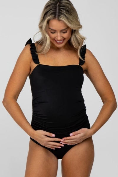 PinkBlush Black Ribbed Square Neck Ruffle Strap One Piece Maternity Swimsuit
