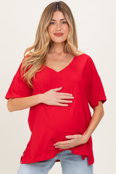 PinkBlush Red Oversized Reversible V-Neck Maternity Tee