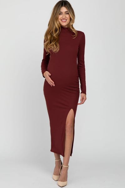 PinkBlush Burgundy Ribbed Mock Neck Side Slit Maternity Maxi Dress
