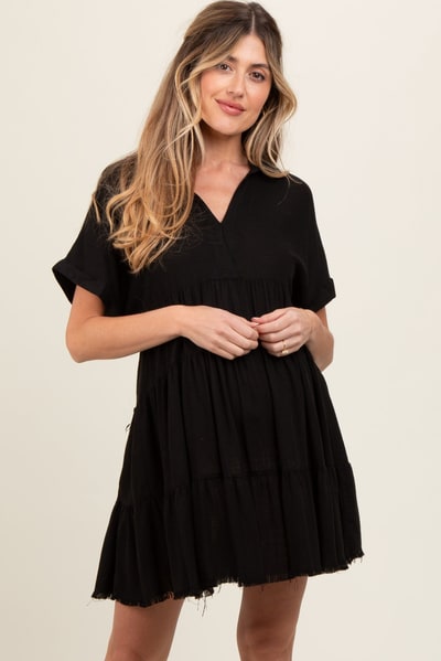 PinkBlush Black Tiered Linen Maternity Dress