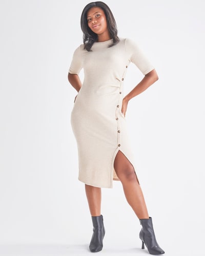 Angel Maternity Juliet Maternity Bodycon Dress with Side Button Detail in Cream