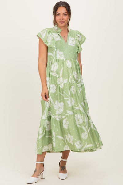 PinkBlush Sage Floral Crochet Lace Accent Maternity Midi Dress