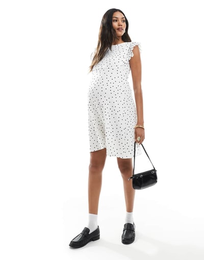 ASOS Mamalicious Maternity ruffle detail jersey knee dress in white polka dot print
