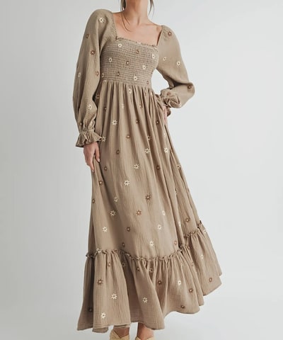 Bump City The Amber Embroidered Smock Long Maxi Dress (Grey Taupe)