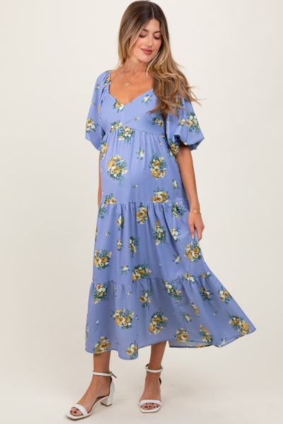 PinkBlush Light Blue Floral Puff Sleeve Maternity Tiered Maxi Dress