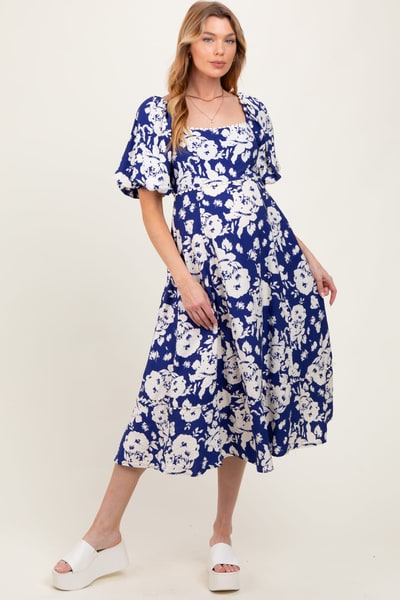 PinkBlush Navy Floral Scallop Trim Puff Sleeve Maternity Midi Dress