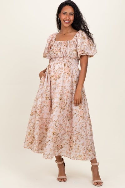 PinkBlush Beige Floral Puff Sleeve Maternity Midi Dress