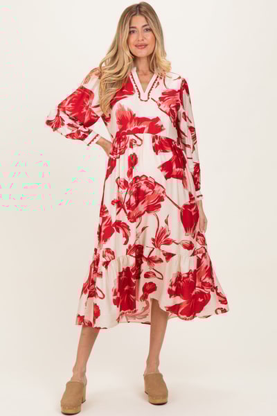 PinkBlush Cream/Red Big Floral Print Maternity Midi Dress