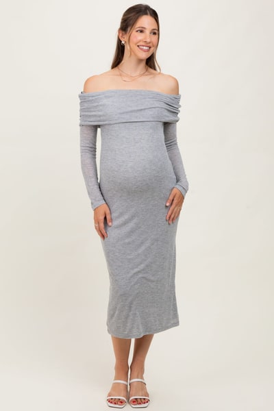 PinkBlush Heather Grey Off Shoulder Long Sleeve Maternity Maxi Dress