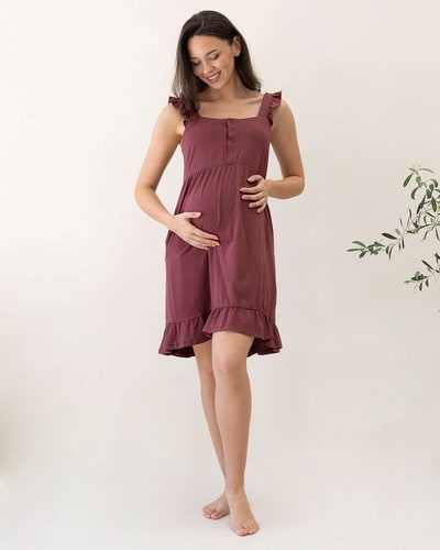Angel Maternity Grace Hospital Birthing Gown/Night Dress with Nursing Access - Burgundy Red