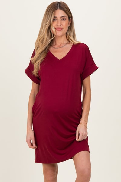 PinkBlush Cabernet Brushed Rolled Short Sleeve V-Neck Maternity Dress