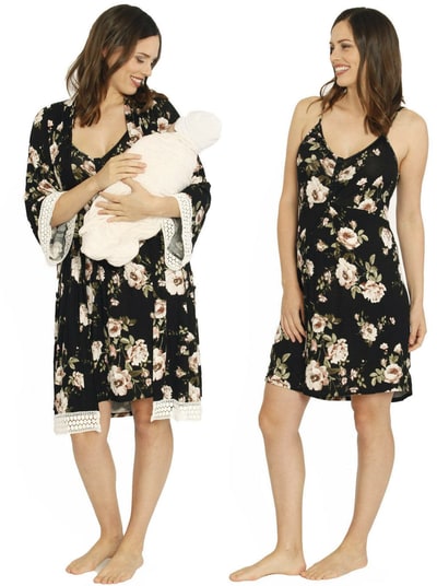 Angel Maternity Nursing Dress + Robe + Free Baby Blanket Wrap - Floral Hospital Pack