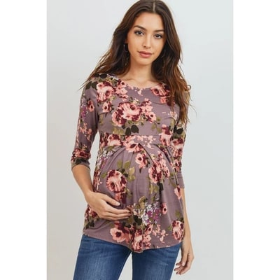 Target Hello Miz Women's Round Neck 3/4 Sleeve Front Pleat Maternity Top - Mauve Floral - Large