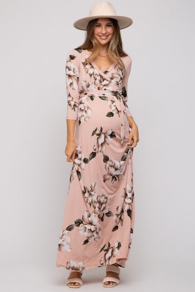 PinkBlush Light Pink Floral Wrap Maternity Maxi Dress