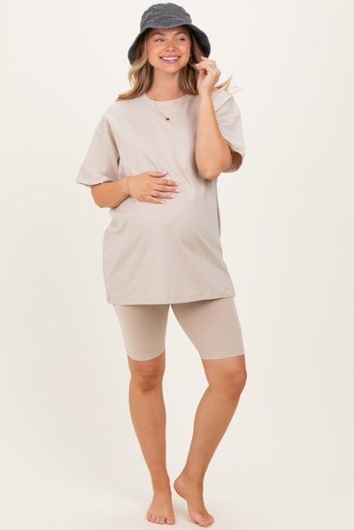 PinkBlush Sand Beige Biker Shorts Maternity Set