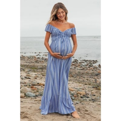 Target PinkBlush Blue Striped Off Shoulder Front Tie Maternity Maxi Dress Blue Large