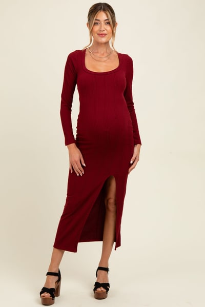 PinkBlush Burgundy Scoop Neck Long Sleeve Front Slit Maternity Maxi Dress