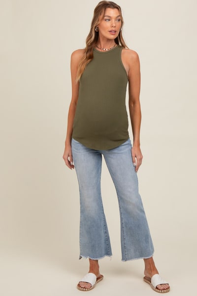 PinkBlush Light Blue Fringe Hem Maternity Crop Flare Jeans