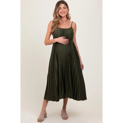 Target Pinkblush Olive Pleated Sash Tie Maternity Midi Dress Small