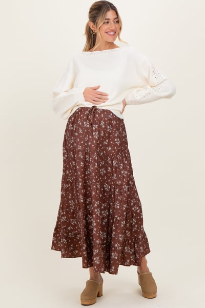 PinkBlush Brown Floral Tiered Maternity Maxi Skirt