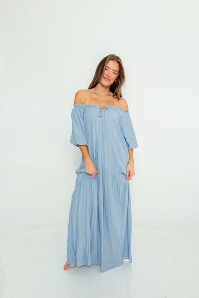 Worth Collective Christina Puffed Sleeve Maxi Dress in Cloud - Bump Friendly