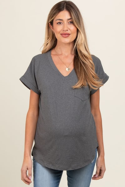 PinkBlush Charcoal V-Neck Pocket Short Sleeve Maternity Shirt