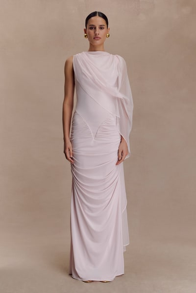 MESHKI Amandine Ruched Slinky Maxi Dress - Pale Pink