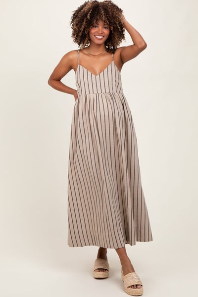 PinkBlush Beige Striped Linen Blend Maternity Maxi Dress