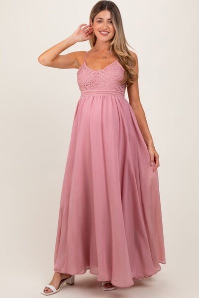 PinkBlush Mauve Crochet Bodice Maternity Maxi Dress